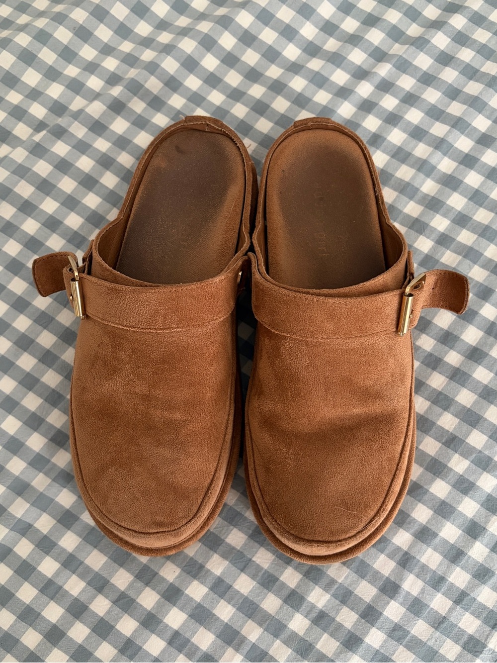 Madden Girl Brown Suede Slip-On Mules with Gold Buckle - Picture 2 of 6